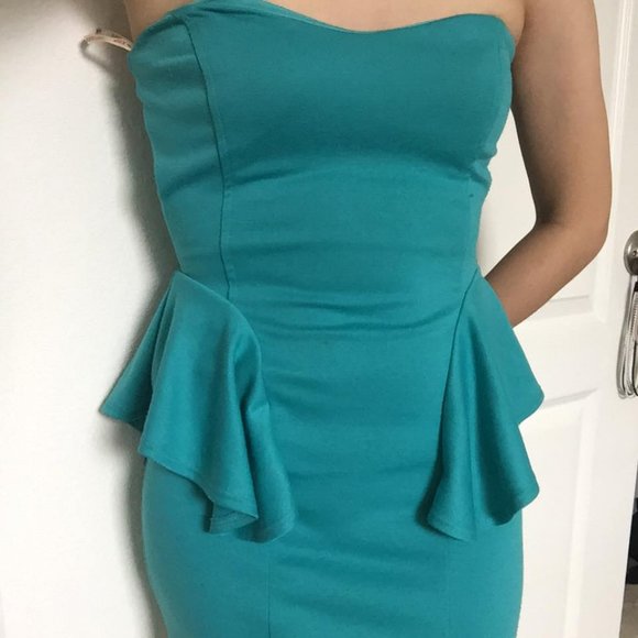 Teal Strapless Peplum Dress, G by Guess - Picture 4 of 5